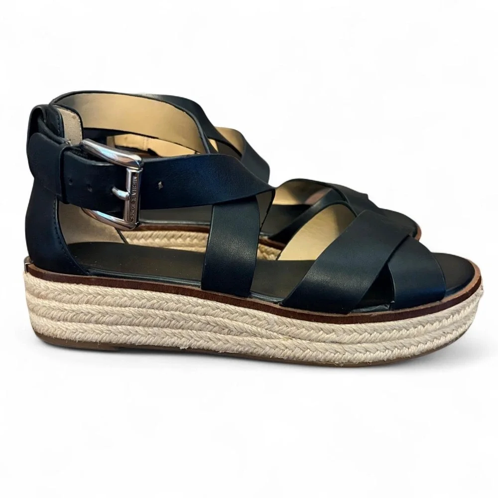 Michael Kors Black Leather Platform Espadrille Sandals Criss-Cross Straps 7M